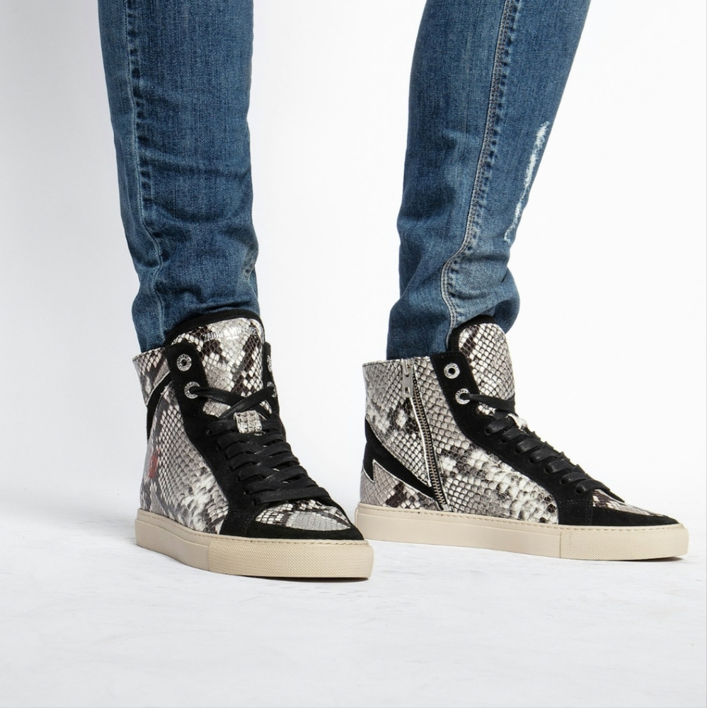 Zadig & Voltaire Black and Cream Snake Print Sneakers